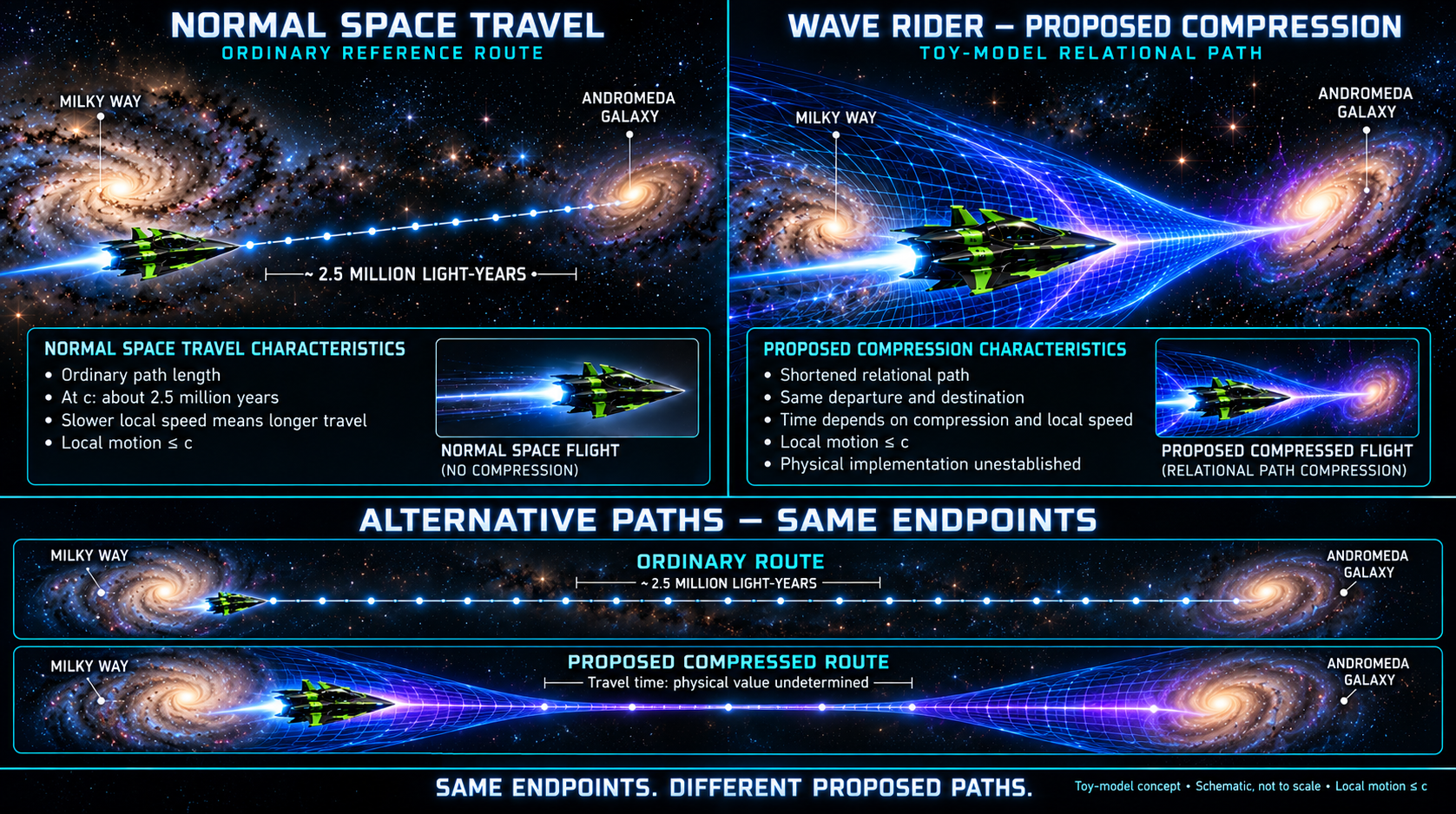 Concept comparison of normal intergalactic travel and Wave Rider relational-path compression
