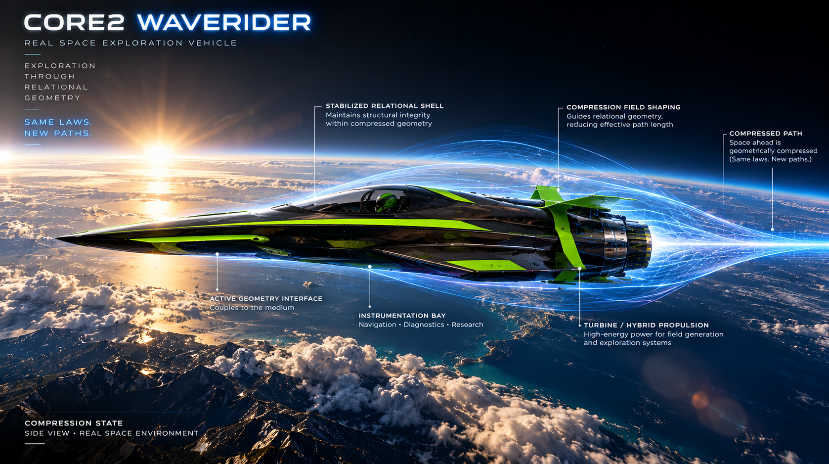 Concept art side view of a future physical Wave Rider in a compression state