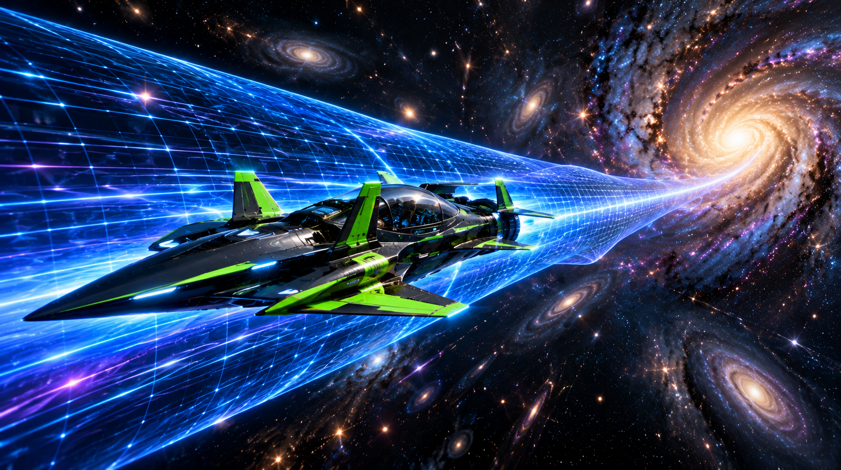 Wave Rider concept art traveling through a deep-space relational compression corridor
