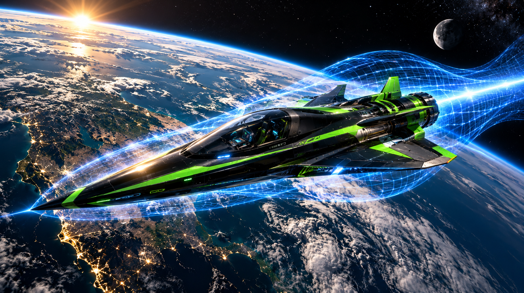 Photorealistic concept art of the Wave Rider above Earth